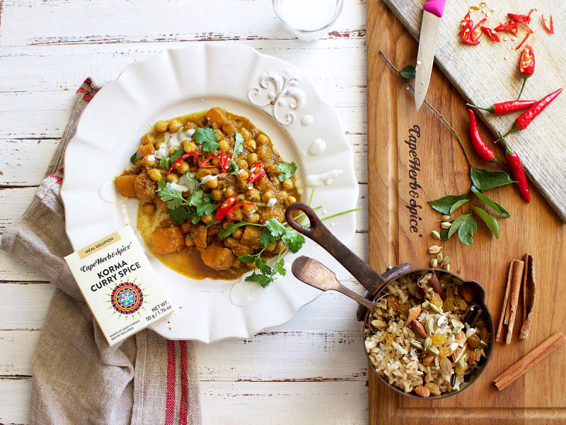 BUTTERNUT AND CHICKPEA KORMA WITH BROWN AND WILD RICE PILAU