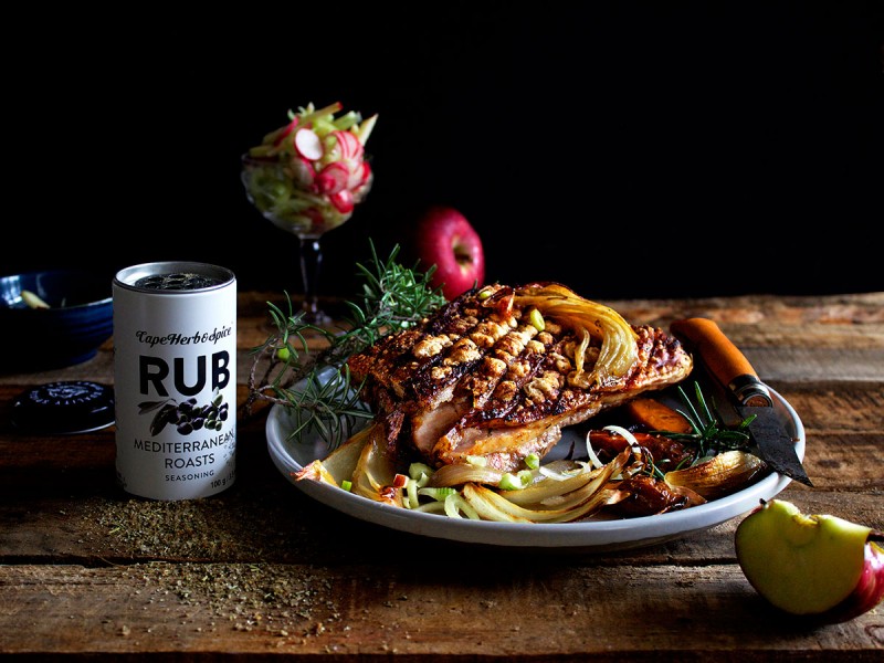 MEDITERRANEAN ROAST PORK BELLY WITH APPLE, FENNEL & RADISH SLAW