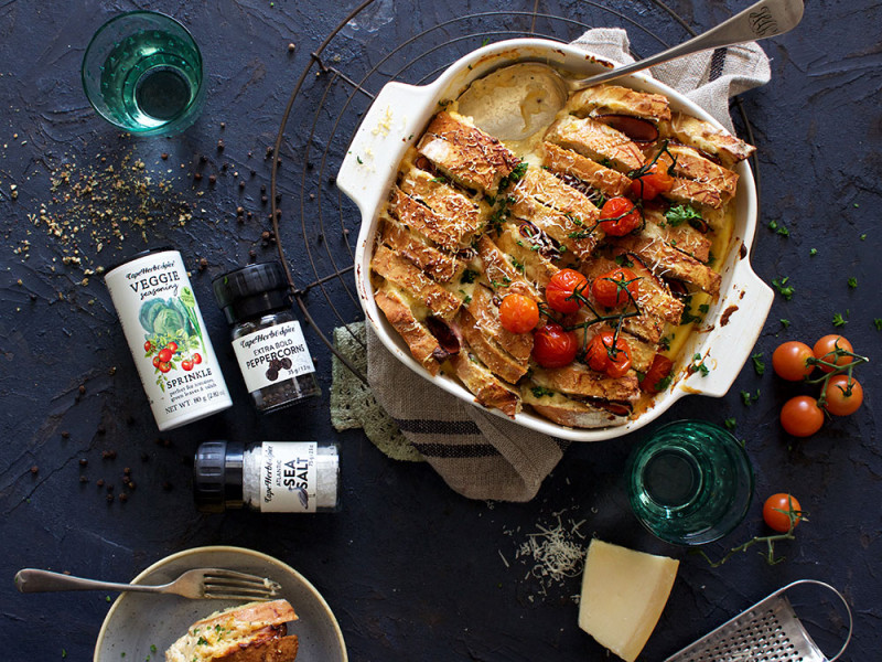 CROQUE MONSIEUR TOASTIE BAKE WITH OVEN-ROAST VINE TOMATOES