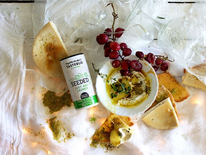 SEEDED PITA CHIPS WITH BAKED CAMEMBERT & HONEY-ROASTED GRAPES