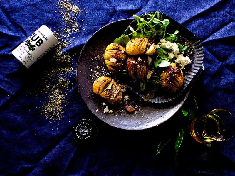 MEDITERRANEAN HASSELBACKS WITH BACON CRUMBS