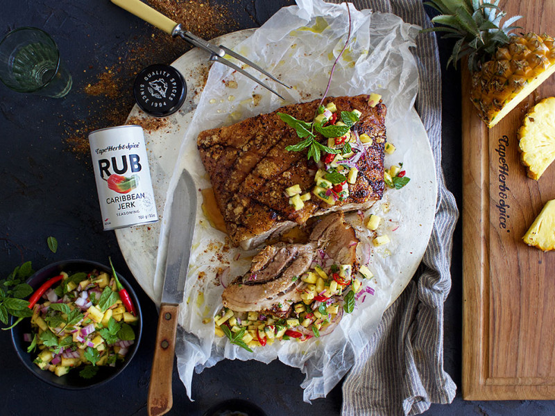 JERK PORK BELLY WITH CHILLI PINEAPPLE SALSA