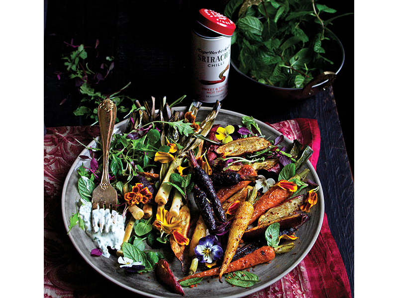 OVEN-ROASTED SRIRACHA ROOT VEG SALAD WITH COOLING YOGHURT DRESSING