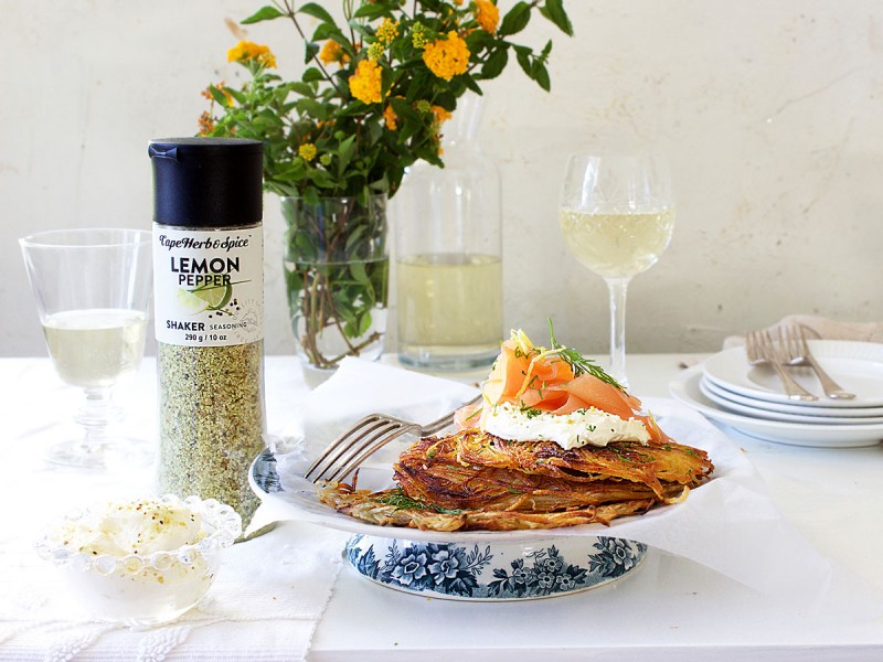 STRAW POTATO ROSTI WITH CR&Eacute;ME FRA&Iacute;CHE AND SALMON