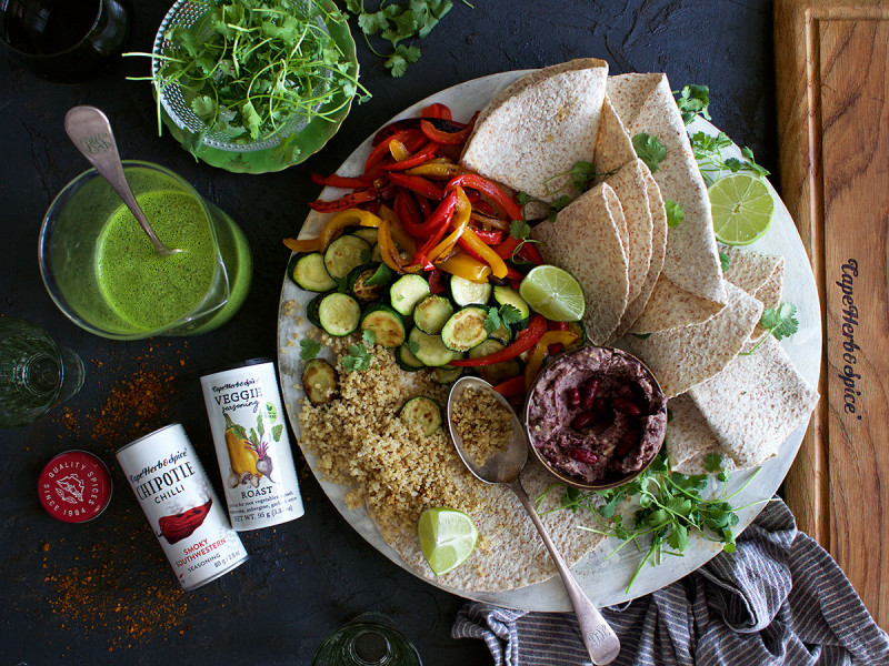 ROAST VEG AND QUINOA BURRITO WITH VEGAN AJI VERDE SAUCE