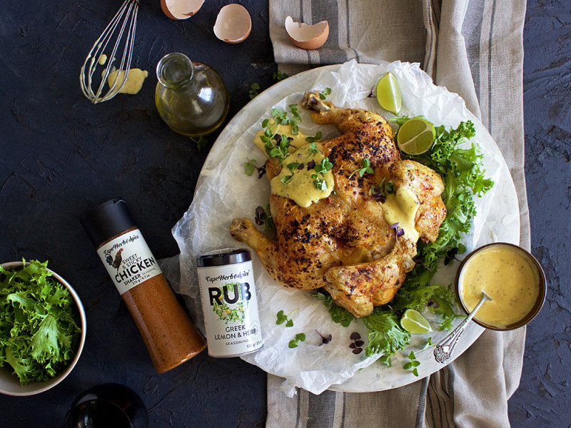 SWEET & STICKY SPATCHCOCK CHICKEN WITH HOME-MADE AIOLI