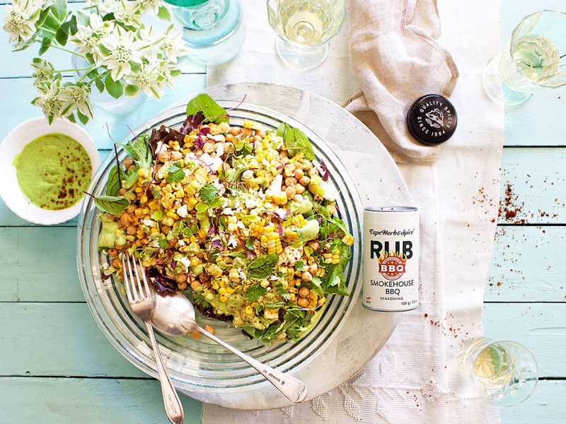 CHICKPEA AND CORN SALAD WITH GREEN TAHINI JALAPENO SAUCE