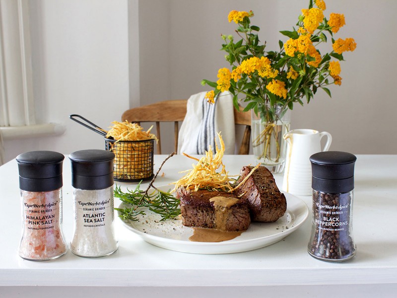 FILLET STEAK AU POIVRE WITH ROSEMARY STRAW FRIES