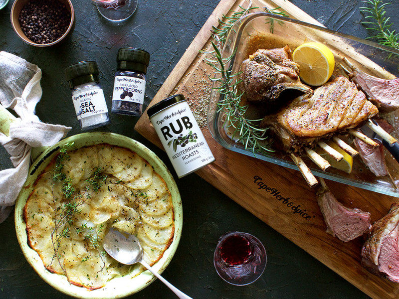 ROASTED MEDITERRANEAN RACK OF LAMB WITH POMMES VOISIN POTATO BAKE