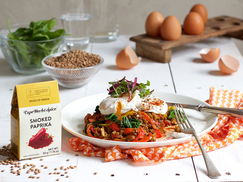 SMOKY VEGGIE-LADEN LENTILS WITH POACHED EGGS