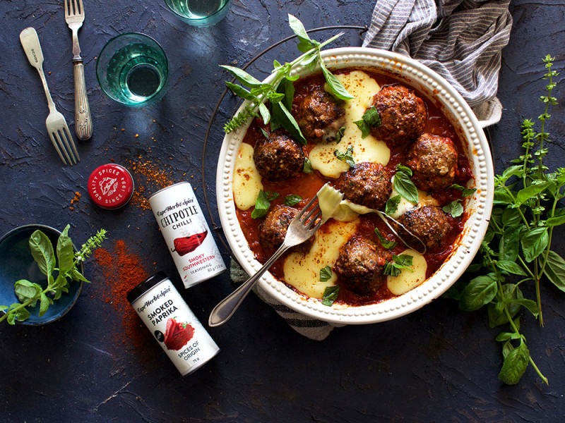 3 WAYS WITH STUFFED MEATBALLS IN A SMOKY, SPICY TOMATO SAUCE