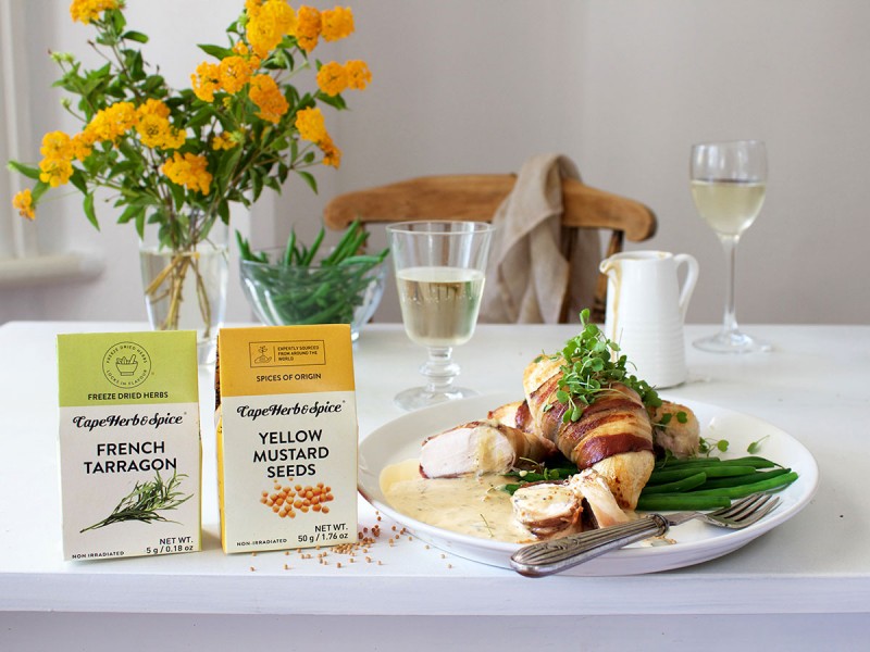 PANCETTA-WRAPPED CHICKEN BREASTS WITH TARRAGON AND MUSTARD CREAM SAUCE