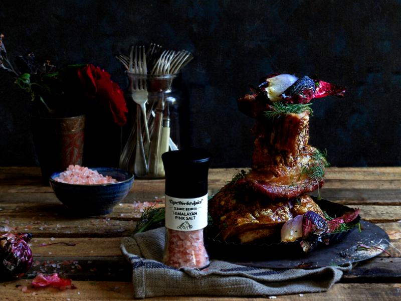 HONEYED PINK SALT & FENNEL PORK BELLY WITH BLISTERED RED ONIONS